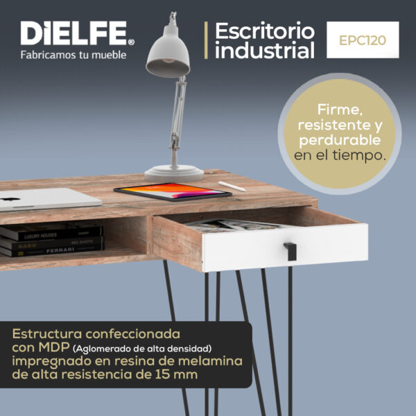 Escritorio Para Oficina Y Hogar Industrial Madera Hierro Melamina 120cm Con Cajones Atakama Blanco Linea Industrial Moderno Epc120 Dielfe
