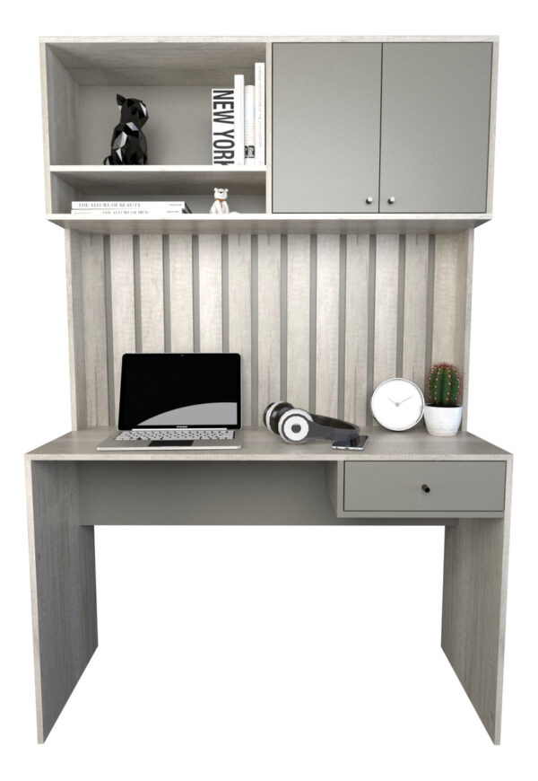 D_621774-MLA90955675590_082025-F.jpg Escritorio Varillado Mesa Pc Computacion Con Alzada Moderno Color Nevado Con Gris
