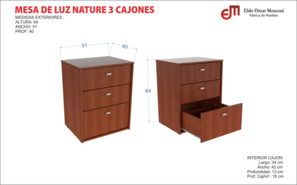 Mesa De Luz Mosconi Nature | 3 Cajones C/ Correderas Metálicas | 64x51 Cm | Nebraska Natural