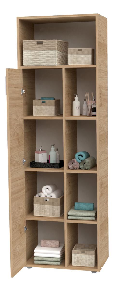 Mueble Organizador Armario Zen Alto Para Baño 1 Pta Estantes Color Roble Kendal Natural