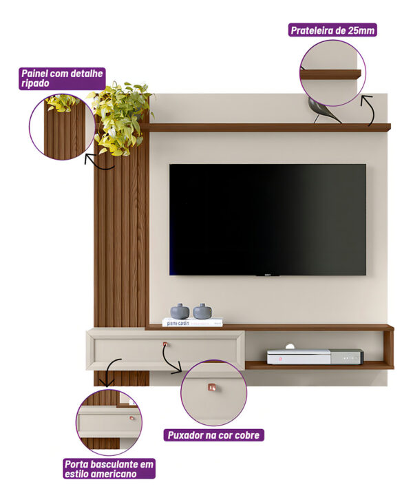 Panel Rasgado Alvorada Linea Brasil Para Tv De 55 Pulgadas En Color Beió/blanquecino Freijó/off White