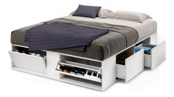 Cama Box 2 Plazas Queen Xl Extensible 140 Cm O 160 Cm Con Cajones Zapateros Baulera Color Blanca Dormitorio Moderna Guardado Completo Cam160 Dielfe