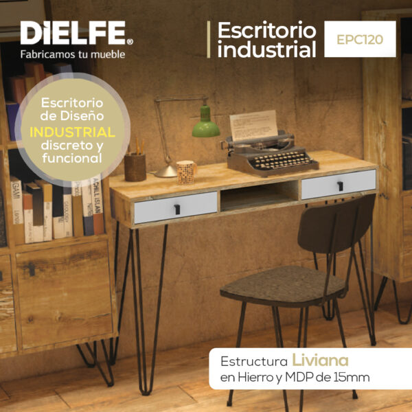 Escritorio Para Oficina Y Hogar Industrial Madera Hierro Melamina 120cm Con Cajones Atakama Blanco Linea Industrial Moderno Epc120 Dielfe