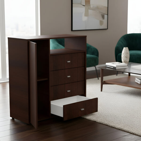 Chiffonier Cajonera Comoda 1 Puerta 4 Cajones Melamina Color Marrón Oscuro(wengue)