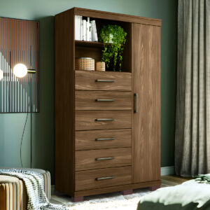 Cómoda 1 Puerta 6 Cajones Con Pies Marabá Santos Andeira Color Jatobá