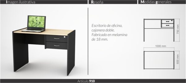 Escritorio Oficina C- 2 Cajones- Melamina. 18mm 1mts Cod 910