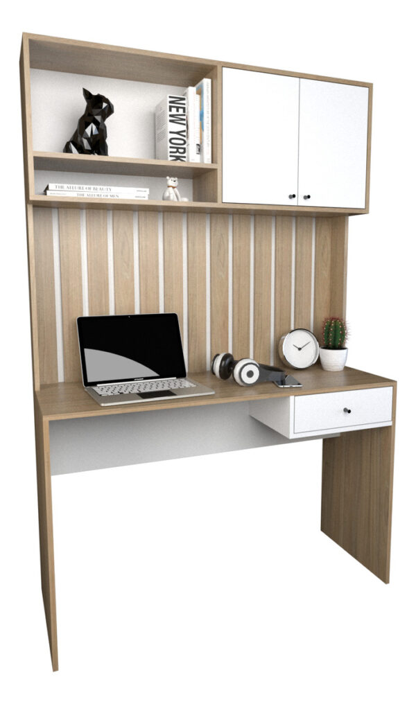 Escritorio Varillado Mesa Pc Computacion Con Alzada Moderno Color Olmo Finlandes - Blanco Everest