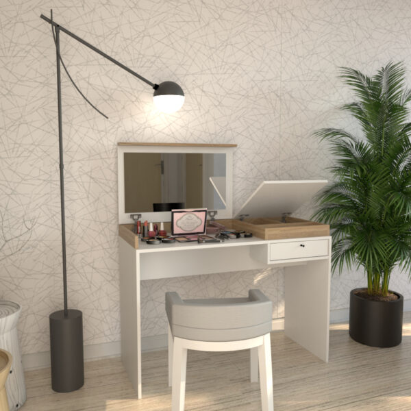Maquillador Tocador Escritorio Juvenil Con Espejo Manicuria Color Olmo Con Blanco