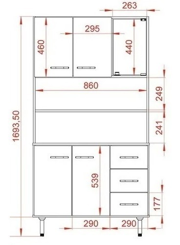 Aparador Kit De Cocina Triplo 5 Ptas 3 Caj 171 X 90 Cd 10104