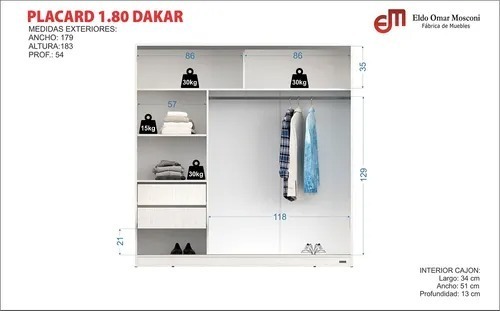 Placard 1,80 Mts. 2 Puertas Corredizas Con Baulera. Dakar