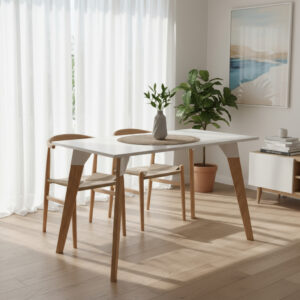 Mesa Fija Rectangular Oslo 140 X 82- Tapa Blanca Base Roble