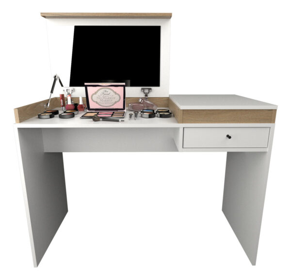 Maquillador Tocador Escritorio Juvenil Con Espejo Manicuria Color Olmo Con Blanco