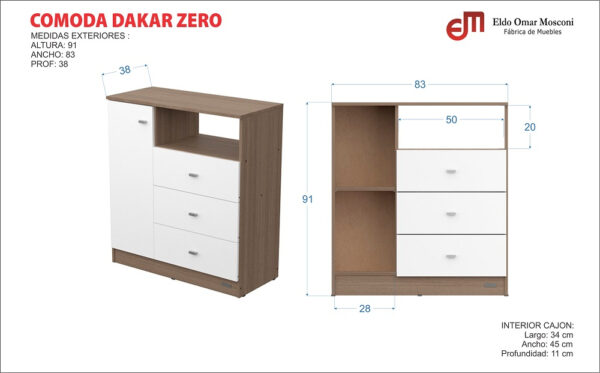 Cajonera Comoda 3 Cajones + Puerta Dormitorio Dakar Zero Color Nebraska Natural