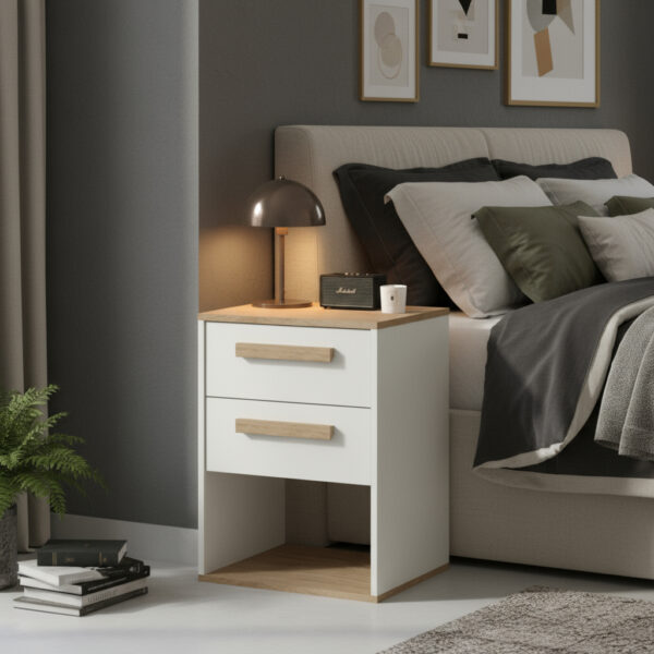 Mesa De Luz 2 Cajones Nicho Inferior Tiradores Madera Dna 05