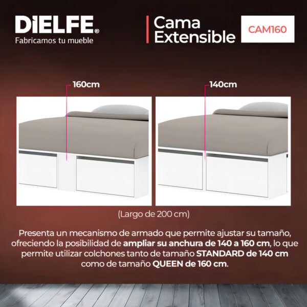Cama Box 2 Plazas Queen Xl Extensible 140 Cm O 160 Cm Con Cajones Zapateros Baulera Color Blanca Dormitorio Moderna Guardado Completo Cam160 Dielfe