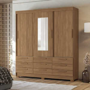 Armario Morretes Con 3 Puertas Correderas Y 9 Cajones Con Asiento Marrón