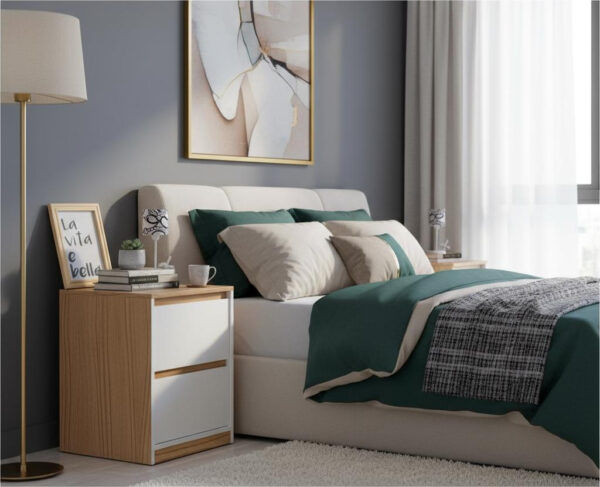 Mesa De Luz 2 Cajones. Tapa Paraiso- Laqueado Blanco. Visby