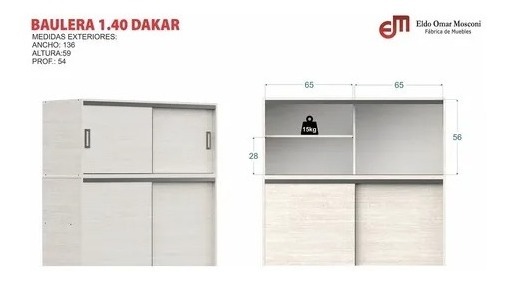 Placard 1,40 Mts. 2 Puertas Corredizas Con Baulera. Dakar