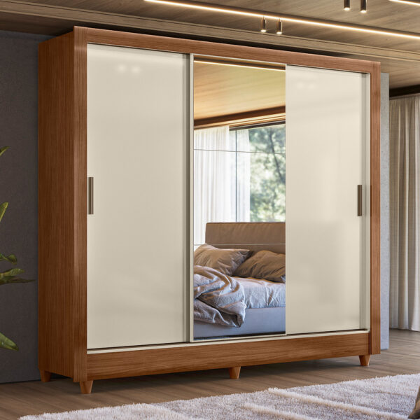 Armario Con Espejo Doble, 3 Puertas Y 2 Cajones França Andeira, Madera, Color Blanco Roto Placard Y Maleteros Maderado Blanco Apagado