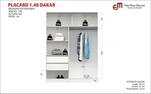 Placard 1,40 Mts. 2 Puertas Corredizas Con Baulera. Dakar