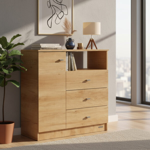 Cajonera Comoda 3 Cajones + Puerta Dormitorio Dakar Zero Color Nebraska Natural