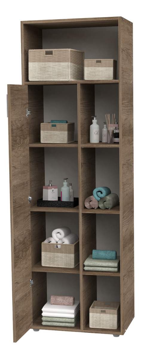 Mueble Organizador Alto Para Baño Con 9 Estantes Roble Nebraska Gris