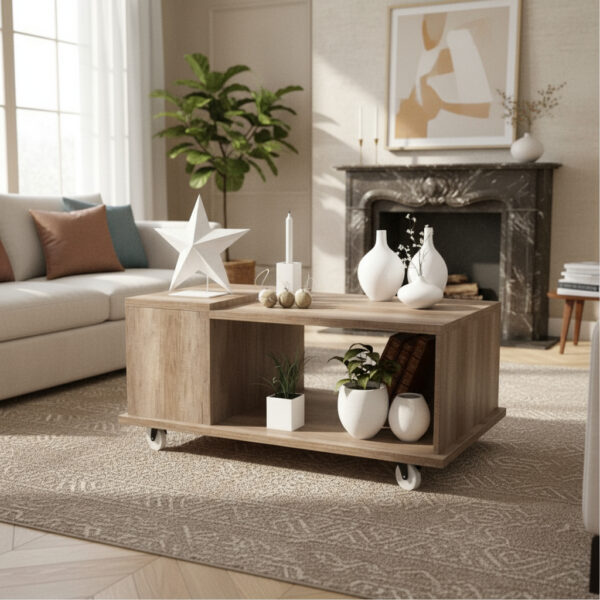 Mesa Ratona De Melamina Centro Con Ruedas Y Estante Dl 876