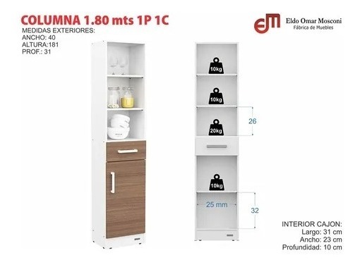 Despensero Organizador 1,80 Mts. 1 Puerta 1 Cajón. Cod 10199