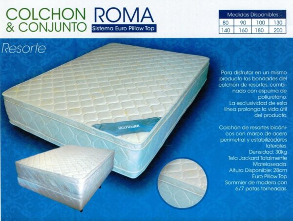 Solo Colchon Roma- 140 X 190 X 28. Resortes- Doble Pillow