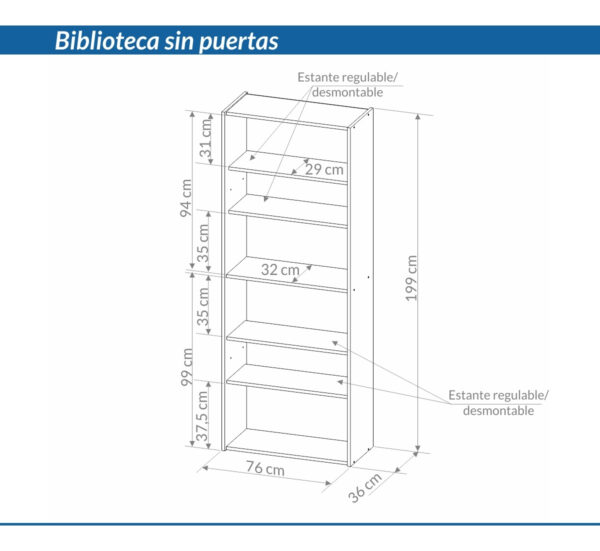 Biblioteca Estantería Piro Melamina Blanca 200x76x36cm Moderna Blanco