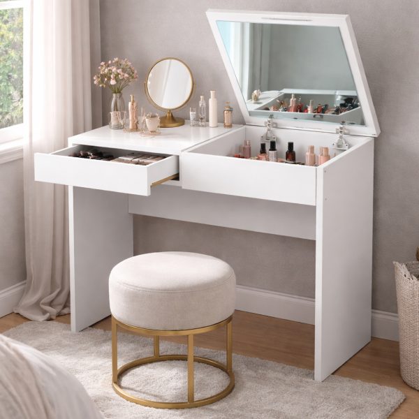 Tocador Con Espejo 100 Cm Maquillaje Make Up Mesa Tocador Con Cajón Y Tapa Abatible Melamina Blanco Moderno Organizador Dormitorio Fácil Limpieza Resistente Tce100 Dielfe