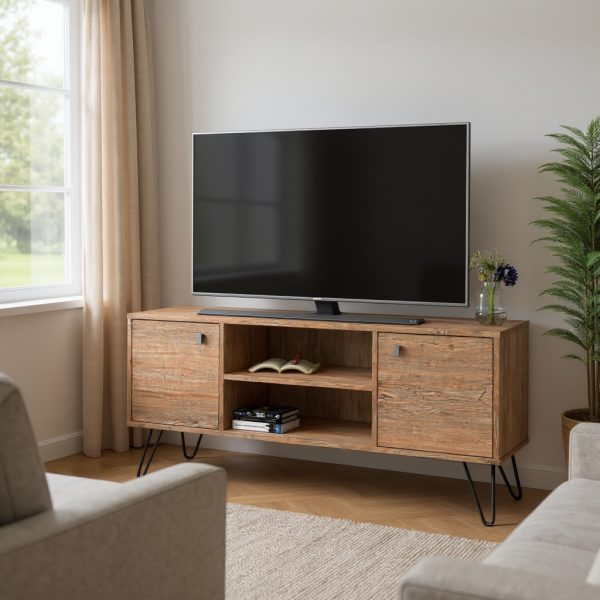 D_775524-MLA99031668588_112025-F.jpg Mueble De Tv Rack Para Tv Led Tele Televisor Hasta 60'' Con 2 Puertas 2 Estantes Mdp 140cm Color Atakama Negro Industrial Patas De Hierro Re141 Dielfe