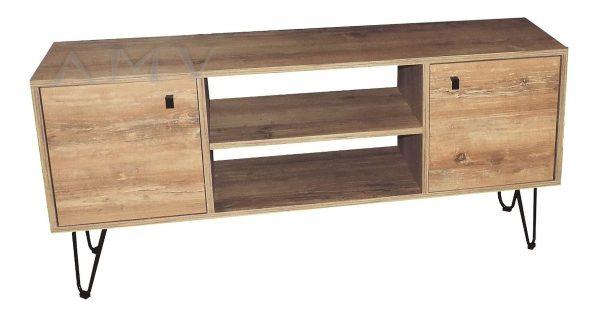 Mueble De Tv Rack Para Tv Led Tele Televisor Hasta 60'' Con 2 Puertas 2 Estantes Mdp 140cm Color Atakama Negro Industrial Patas De Hierro Re141 Dielfe