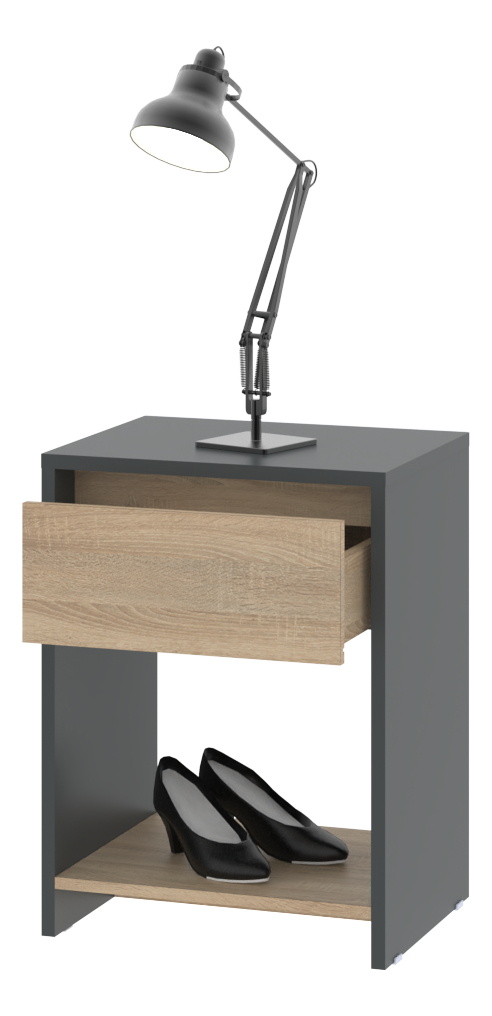 Mesa De Luz Moderna Mesita De Noche Línea Niza Gris Y Roble Kendal 1 Cajón Frente Símil Madera Estante Inferior Melamina... Mate Gris / Roble Kendal