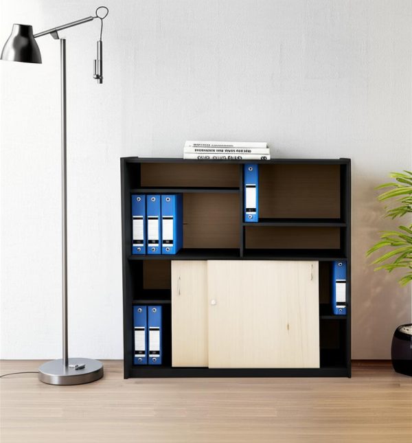 D_669182-MLA99935940867_112025-F.jpg Biblioteca Armario Mueble Organizador Ptas Corrediz Estantes Color Negro - Haya