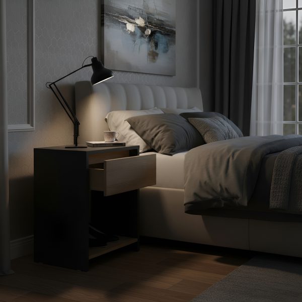 Mesa De Luz Moderna Mesita De Noche Línea Niza Gris Y Roble Kendal 1 Cajón Frente Símil Madera Estante Inferior Melamina... Mate Gris / Roble Kendal