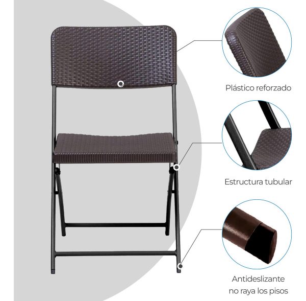 Combo Mesa Plegable Simil Ratán 60x60cm + 2 Sillas Marrón Skop Garden