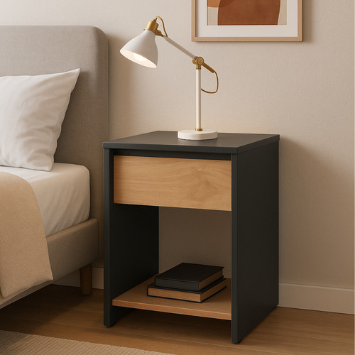 Mesa De Luz Moderna Mesita De Noche Línea Niza Gris Y Roble Kendal 1 Cajón Frente Símil Madera Estante Inferior Melamina... Mate Gris / Roble Kendal