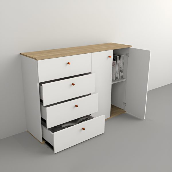 D_872640-MLA93084772350_092025-F.jpg Bahiut Vajillero Modular Moderno Melamina 4 Cajones 2 Puertas Blanco Olmo Everest