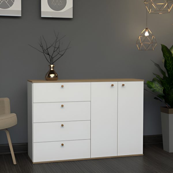 D_891365-MLA93500879613_092025-F.jpg Bahiut Vajillero Modular Moderno Melamina 4 Cajones 2 Puertas Blanco Olmo Everest