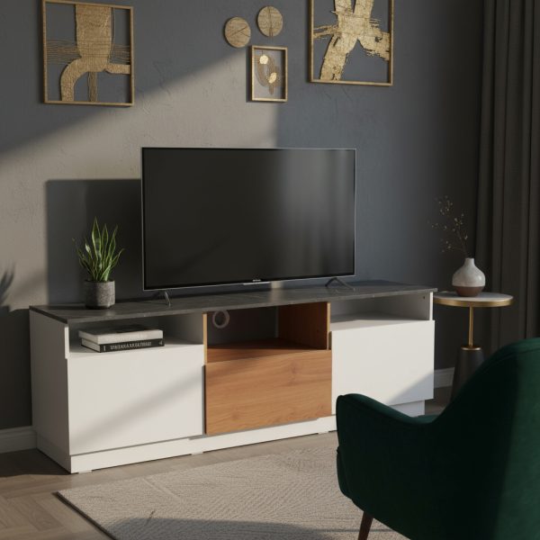 Rack Mesa Tv Led Ricchezze Mundial 180 Cm Hyckory Blanco Color Pietra / Cognac