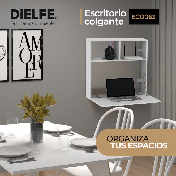 Escritorio Habitacion Oficina Juvenil Hogar Flotante Plegable Espacio Reducido Moderno Blanco Eco063 Dielfe