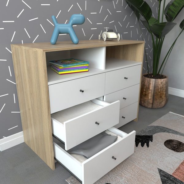 Comoda Chifonier Cajonera 100x80 Mueble Minimalista 6 Caj. Color Olmo Finlandes Con Everest