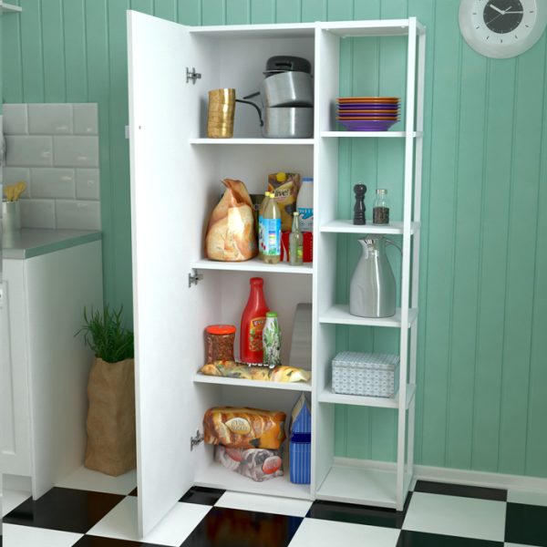 Despensero De Una 1 Puerta Mueble Alacenero Organizador Con Estantería Integrada Izquierda O Derecha + 4 Estantes Internos Ajustables De Cocina Melamina 150cm Color Blanco Multifunción Dielfe D050e