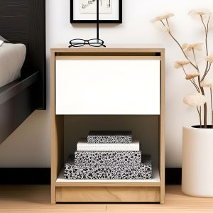 D_992580-MLA95571907927_102025-F.jpg Mesa De Luz Gacela Melamina Roble Miel Blanco 1 Cajón 40x55 Cm