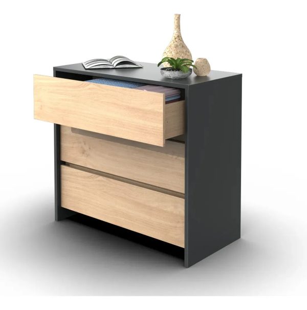 Cómoda 3 Cajones Línea Niza Organizador Dormitorio Living Guardado Ropa Accesorios Sin Tiradores Estilo Moderno Flotante... Gris / Roble Kendal