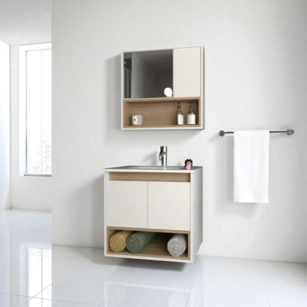 D_656226-MLA87788369452_072025-F.jpg Combo Baño Vanitory Flotante Y Botiquin Con Espejo Melamina Color Olmo/blanco- 1 Agujero