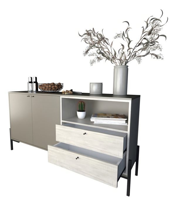 Bahiut Vajillero Moderno C/ Patas De Metal Puertas Y Cajones Color Gris Nevado