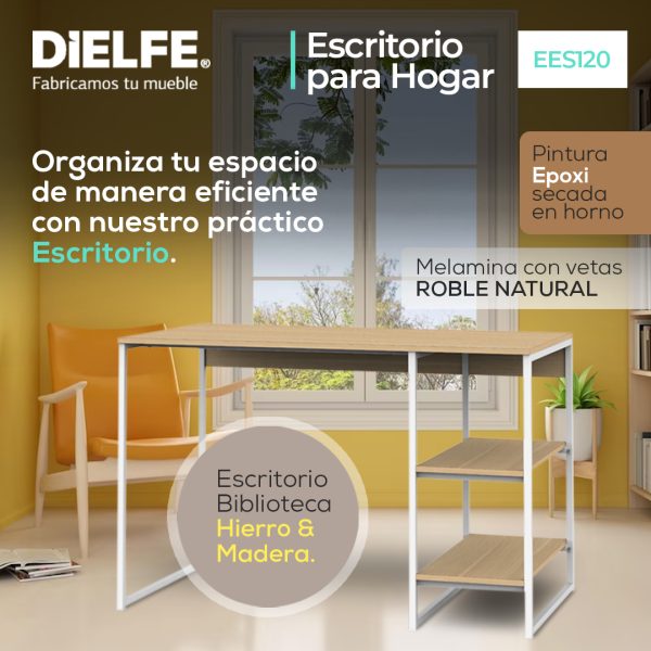 Escritorio Mesa De Trabajo Hogar Oficina Para Computadora Cpu 3 Estantes 120cm Color Blanco Y Roble Natural Ees120 Dielfe Roble Natural / Blanco