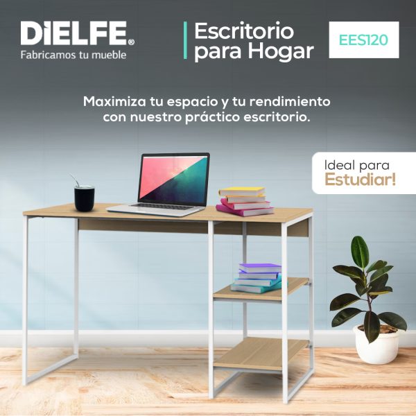 Escritorio Mesa De Trabajo Hogar Oficina Para Computadora Cpu 3 Estantes 120cm Color Blanco Y Roble Natural Ees120 Dielfe Roble Natural / Blanco